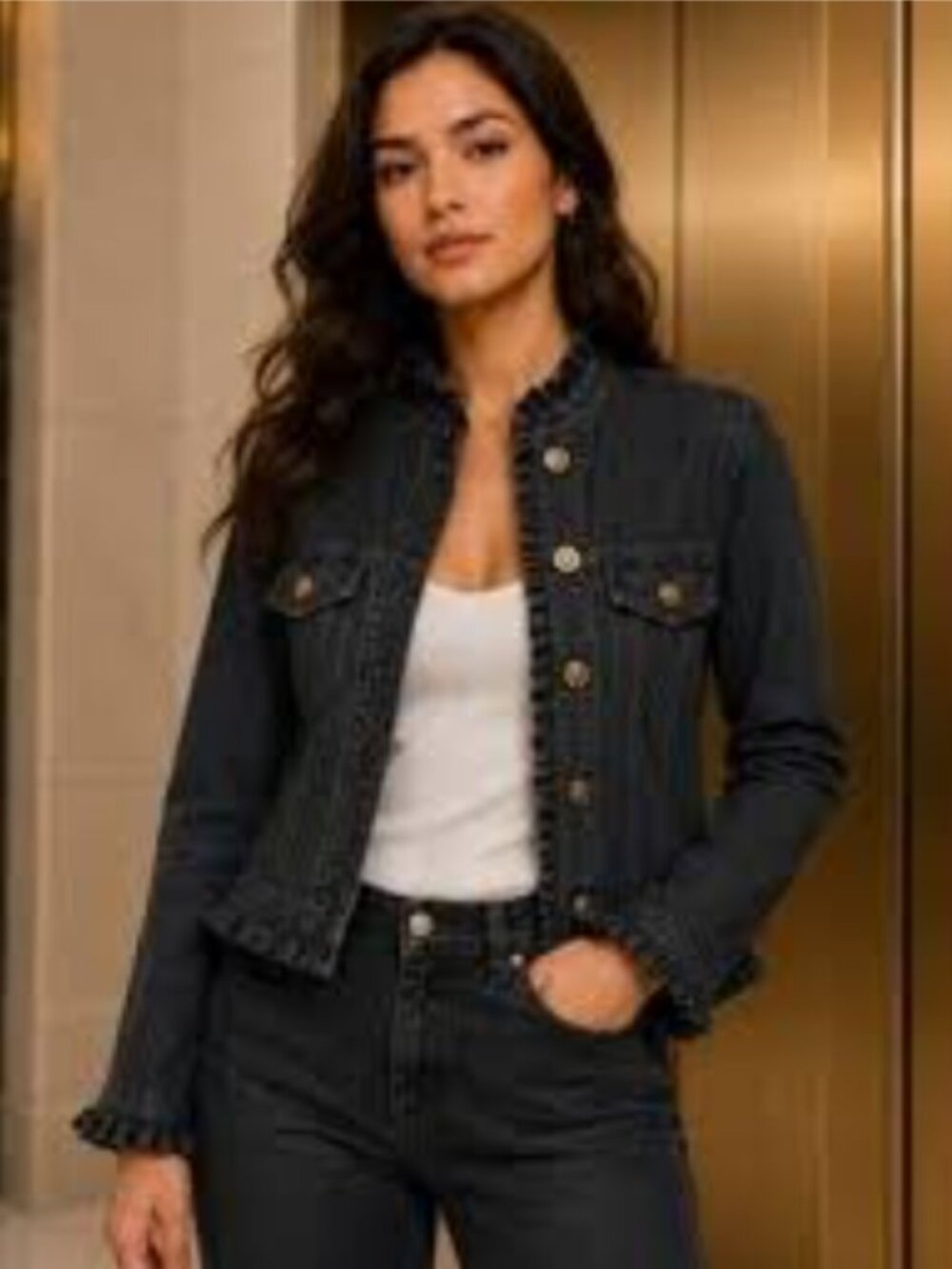 Sandro Paris Ruffle Trim Collarless Denim Jacket Black Size 3XL Excellent